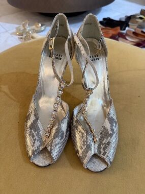 Stuart Weitzman Silver Snake-Print Crystal T-Strap Peep-Toe Heels